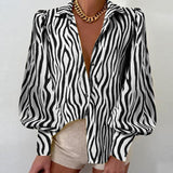 CHICDEAR Elegant Lady Zebra Printing Chemise Fashion Lapel Buttons 2023 Summer Blouses Women Streetwear Long Puff Sleeve Shirts