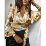 CHICDEAR Vintage Scarf Print Tops Women Fashion Bandage Wrap Shirt Autumn 2023 V-Neck Party Blouses Lantern Sleeve Blusas Femme