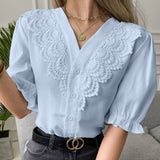 CHICDEAR Elegant Causal Shirts Women Fashion V Neck Short Puff Sleeve Blouses Summer Lace Stitching Workplace Solid Color Chemise