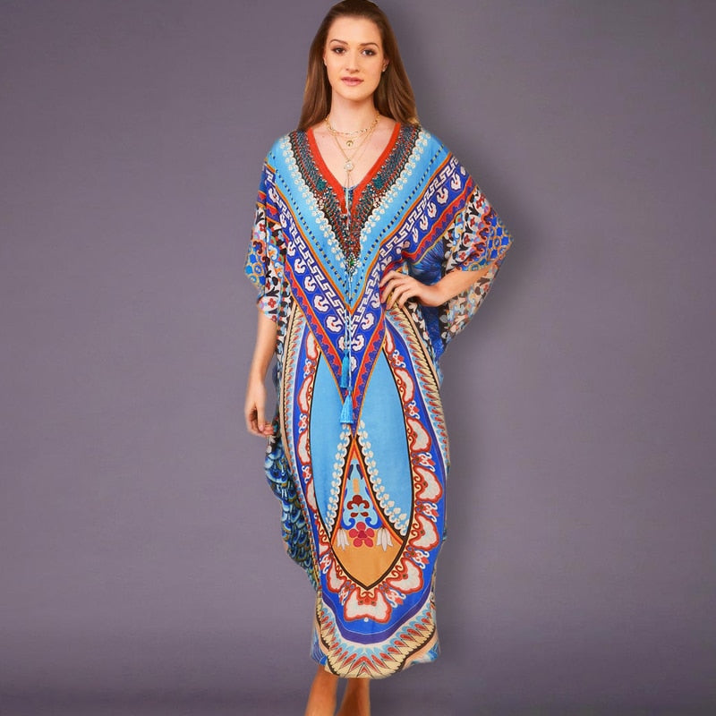 CHICDEAR 2023 Bohemian Printed Summer Holiday Dress Blue Tunic Women Beach Wear Kaftan V-Neck Bats Sleeve Maxi Dress Robe Q956