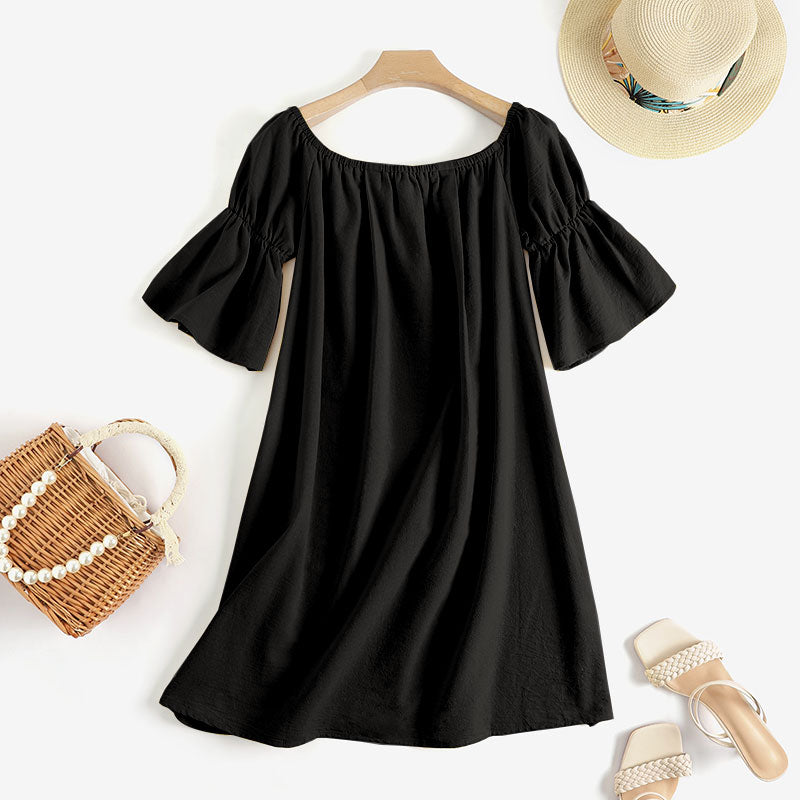CHICDEAR Cotton Sexy Off Shoulder Robes Solid Color Women Party Vestidos Pleats 2023 Summer Mini Dress Short Puff Sleeve Sundress