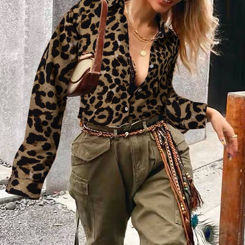 CHICDEAR Women Long Sleeves Buttons Tops Femme 2023 Summer Fashion Leopard Printed Shirts Streetwear Lapel Collar Casual Blouses