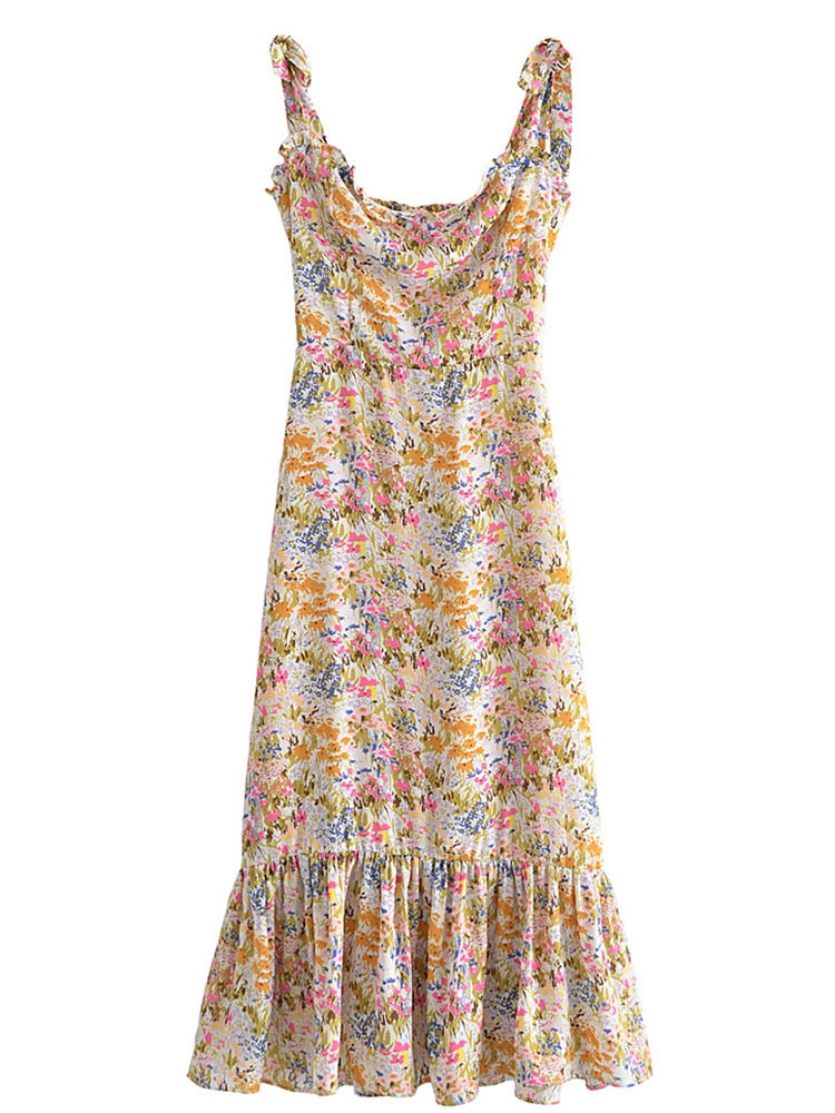 Chicdear Summer Women Midi Dress Slim Lining Spaghetti Straps Floral Print Fashion Holiday Sleeveless Party Long Split Dress