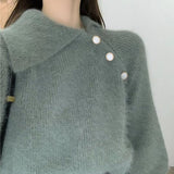 CHICDEAR Spring New Button Diagonal Collar Sweater Women Fashion Solid Knitted Pullovers Woman Chic Casual Long Sleeve Sweaters