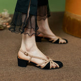 CHICDEAR 2024 Summer Women Sandals Round Toe Cover Heel Gladiator Shoes Women Sheep Suede Women Shoes Vintage Cutout Flat Roman Sandals