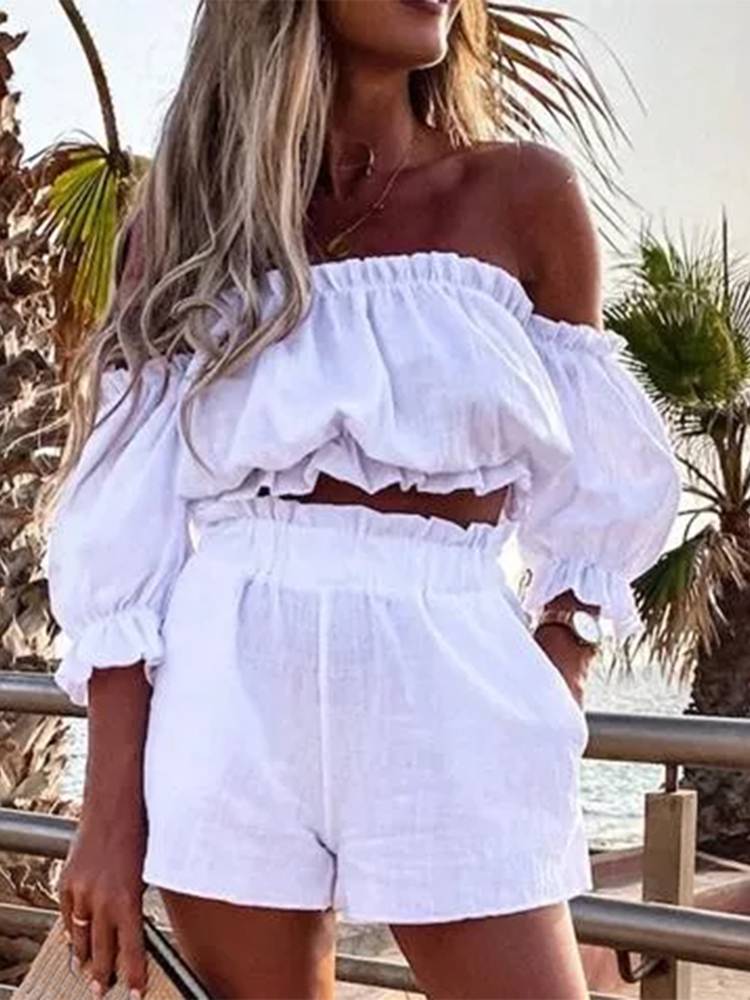 CHICDEAR Women Ruffles Off Shoulder Short Tops And Elastic Waist Shorts Suits 2023 Summer Casual Holiday Short Sets Two-Piece Sets