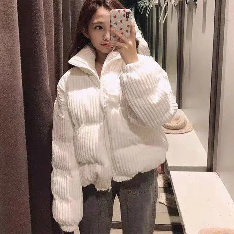 CHICDEAR 2023 Winter Thick Corduroy Coat Women Korean Stand Collar Warm Cotton-Padded Jacket Female Pink Brown Zip Short Parkas