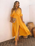 CHICDEAR Boho Chiffon V-Neck Off Shoulder Sleeve Slit Tunic Dress Women 2023 Summer Elegant Solid Color Beach Wear Maxi Dresses A1445
