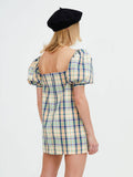 Chicdear Summer Women Mini Dress New Fashion Plaid Bow Chic Elegant Short Sleeves Square Collar Short Dress Ladies