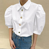 CHICDEAR Solid Color Lapel Collar Blusas Buttons 2023 Summer Puff Short Sleeve Women Shirt All-Match Elegant Casual Tops Blouse