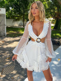 CHICDEAR 2023 New Sexy Deep V-Neck Cut Out Long Sleeve Mini Dress Short White Lace Tunic Women Party Clothes Summer Beach Dress A1050