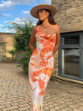 CHICDEAR 2023 Orange Boho Printed Slip Dress Sexy Cross Bandage Back Open Club Party Maxi Dress Women Summer Beach Wear Clothes A1186