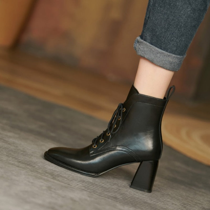 CHICDEAR HOT SALE Fall Women Shoes Square Toe High Heel Shoes For Women Black Leather Boots Women Lace Up Modern Boots Winter Women Boots
