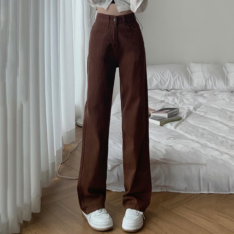 CHICDEAR Vintage Brown Jeans Women Summer High Waist Loose Straight Denim Trousers Female Y2K Casual Streetwear Wide Leg Pants