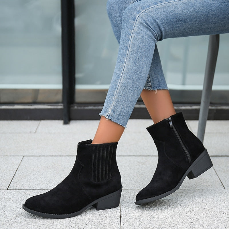 CHICDEAR Ankle Suede Chelsea Boots Winter Chunky Women Shoes 2023 New Fashion Mid Heels Women Shoes Gladiator Sexy Pumps ZIP Snow Boots