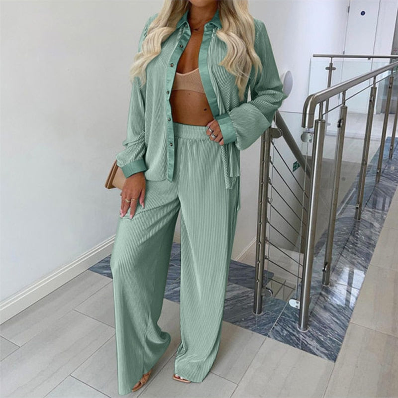 CHICDEAR Women Fashion Silky Two Piece Sets 2023 Autumn Long Sleeve Shirt And Pant Outfits Casual Pleated High Waist Trouser Sets
