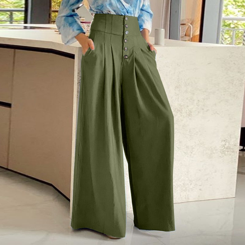 CHICDEAR Office Elastic Waist Pantalones Women Casual Loose Elegant Pockets Long Trousers Button High Waist Pleated Wide Leg Pants