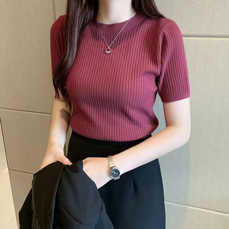 CHICDEAR Basic Short Sleeve T-Shirts Women 2023 Summer Solid O-Neck Thin Knitting T Shirts Woman Korean Slim Fit Ribbed Tops