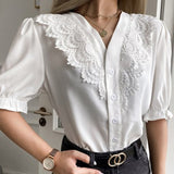 CHICDEAR Elegant Causal Shirts Women Fashion V Neck Short Puff Sleeve Blouses Summer Lace Stitching Workplace Solid Color Chemise