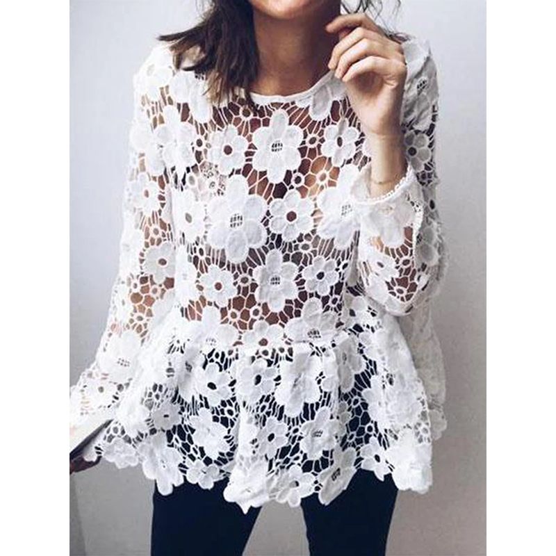 CHICDEAR Sexy Hollow Out Lace Blouses Fashion See-Through Long Sleeve Casual Tunics Tops O-Neck Flower 2023 Summer Solid Shirts