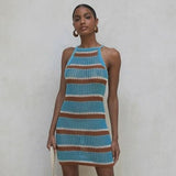 CHICDEAR 2023 Sexy Striped Dress Blue Crochet Tunic Elegant Sleeveless Women Summer Dress Beach Wear Swim Suit Cover Up Q1255