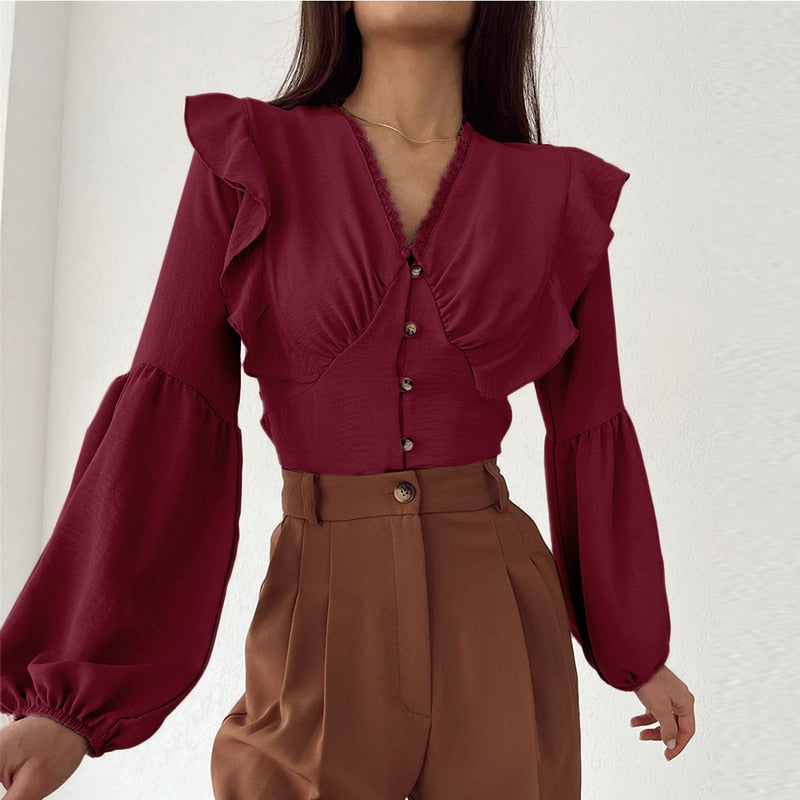 CHICDEAR Women Elegant Lace V Neck Blouse Lantern Sleeve Shirt Fashion Stitching Ruffles Blusas 2023 Autumn Vintage Buttons Tops