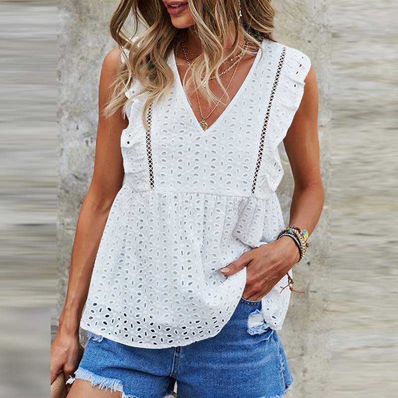 CHICDEAR 2023 Fashion Hollow Out Shirts Holiday Casual Ruffles Women Blouse Summer Sleeveless Breathable Cotton V Neck Tank Tops
