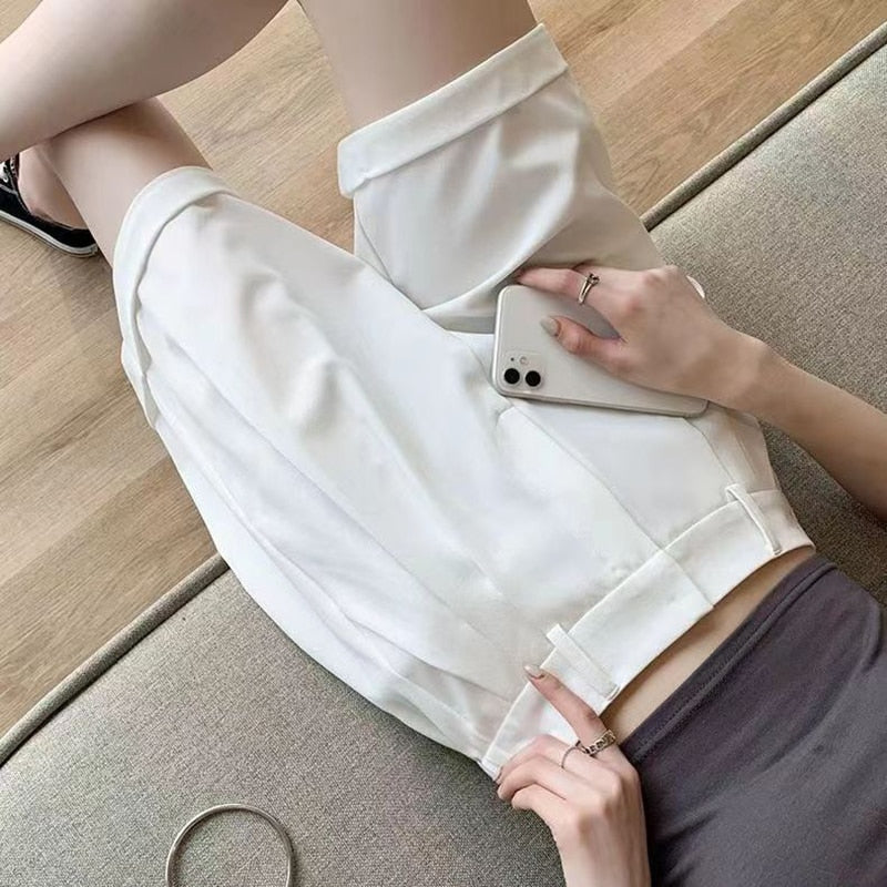CHICDEAR 2023 Summer Causal Shorts For Women Korean Khaki High Elastic Waist Suits Shorts With Pockets Zipper Short Pants Female