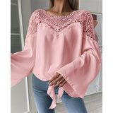 CHICDEAR Fashion Lace Stitching Blouse Women Elegant O Neck Bandage Blusa Vintage Long Flare Sleeve Tops Sexy Hollow Out Shirts