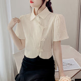 CHICDEAR Vintage Turndown Collar Short Blouse Women Elegant Chic Retro Buckle Crop Tops Woman National Style Cheongsam Shirts