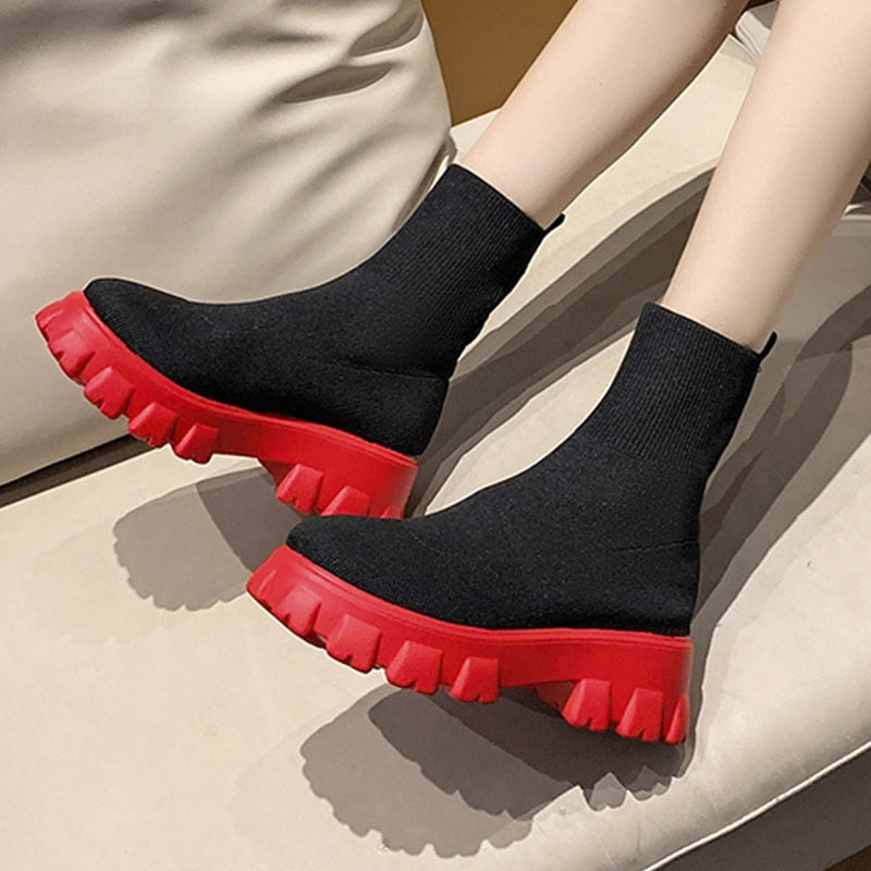 CHICDEAR Boots Women Autumn 2023 New Platform Breathable Knitted Elastic Wedges Socks Boots Thick Bottom Thick Heel Ankle Boots Woman