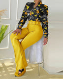 CHICDEAR Women Long Sleeve Flower Print Buttoned Shirt & High Waist Pants Set Women Casual Two Piece Work Wear Fashion Suit Sets