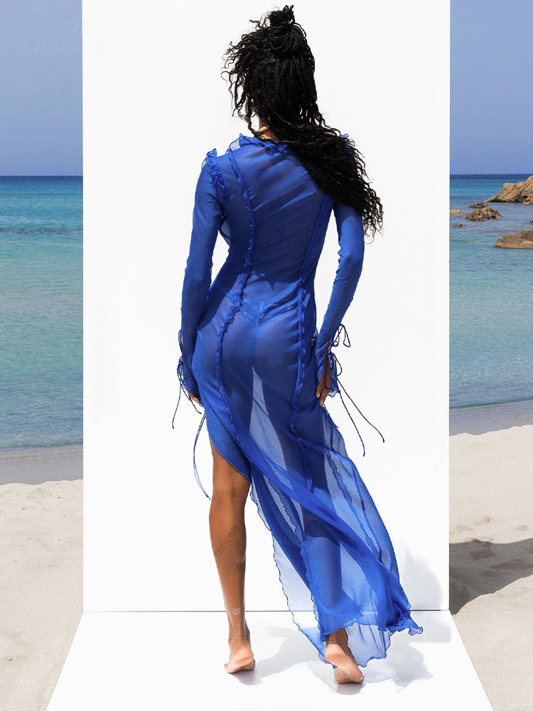 CHICDEAR Sexy V Neck Perspective Ruffle Drawstring Tight Maxi Dresses For Women 2023 Spring Summer Elegant Side Split Party Vestido A1942