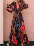 CHICDEAR 2023 Boho Printed  Ruffled Maxi Dress Sexy V-Neck Bishop Sleeve Club Party Dresses Elegant Tunic Women Summer Clothing A1226