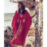 CHICDEAR 2023 Red Bohemian Floral Embroidered Loose Summer Beach Dress Moroccan Caftan Plus Size Women Street Wear Midi Dress Sarong Q855
