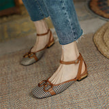 Chicdear 2023 New French Retro Ladies Flats Korean Style One Line Buckle Female Sandals Fashionable Plaid Thick Heel Women's Shoes