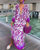 CHICDEAR Sexy Casual Women Loose Long Sleeve Round Maxi Dress Going Out Neck Abstract Print Lantern Sleeve Shirt Dress