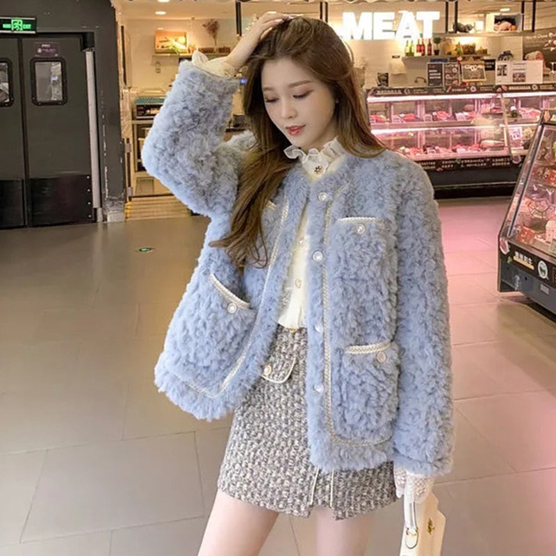CHICDEAR Korean Style Lamb Wool Jackets Women 2023 New All-Match Loose Furry Coat Ladies Fashion Streetwear Pockets Plush Coats