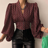 CHICDEAR Sexy V-Neck Vintage Blouses Women Tops 2023 Fashion Autumn Pattern Printed Buttons Tunic Long Lantern Sleeve Shirts Top