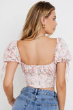 Chicdear Summer Women Pink Shirt Ladies Ruffles Puff Sleeves Back Zipper Print Slim With Belt Vintage Vocation Short Crop Shirt