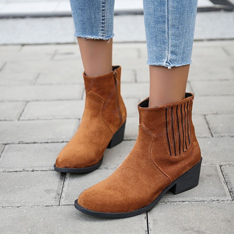CHICDEAR Ankle Suede Chelsea Boots Winter Chunky Women Shoes 2023 New Fashion Mid Heels Women Shoes Gladiator Sexy Pumps ZIP Snow Boots