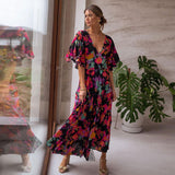 CHICDEAR 2023 Boho Floral Printed V-Neck Short Sleeve Self Belted Cotton Dress Tunic Women Summer Clothes Street Wear Maxi Dresses A1341