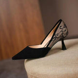 Chicdear Fall Outfit Lace Women's Stiletto Retro Pointed Splicing Thin Heel Ladies Pumps 2023 New Sexy Fashion Shallow Mouth Female Single Shoes