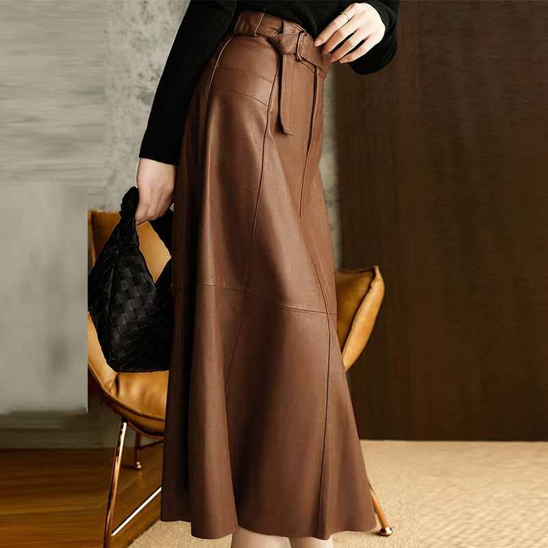 CHICDEAR PU Leather Women Midi Skirts Office Lady High Waist Jupes Belted Fashion Long Skirt A Line Splicing 2023 Autumn Faldas