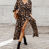 CHICDEAR Bohemian Leopard Print V Neck Dress 2023 Autumn Fashion Loose Beachwear Long Sleeve Side Split Maxi Dress Women Vestidos A2005