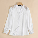 CHICDEAR Women Elegant Splicing Lace Blouse Fashion Long Sleeve White Shirts Button Up See-Through Tops Office Commuting Blusas