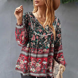 CHICDEAR Floral Print 2023 Summer Blusas Women Vintage Casual Loose Long Sleeve Lace Up Blouses V-Neck Bohemain Holiday Tops Shirt