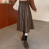 CHICDEAR Korean Fashion Skirts Women High Waist PU Leather Midi Skirt 2023 Autumn Elegant Pleated Faux Leather Long Jupes Femme