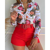CHICDEAR Women Long Sleeve Floral Printed Tie Knot Top Blouse And Shorts Sets Casual Spring Shirts Female