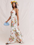 Chicdear Summer Women Midi Dress With Lining Floral Print Square Collar Holiday Sleeveless Party Long Split Dress